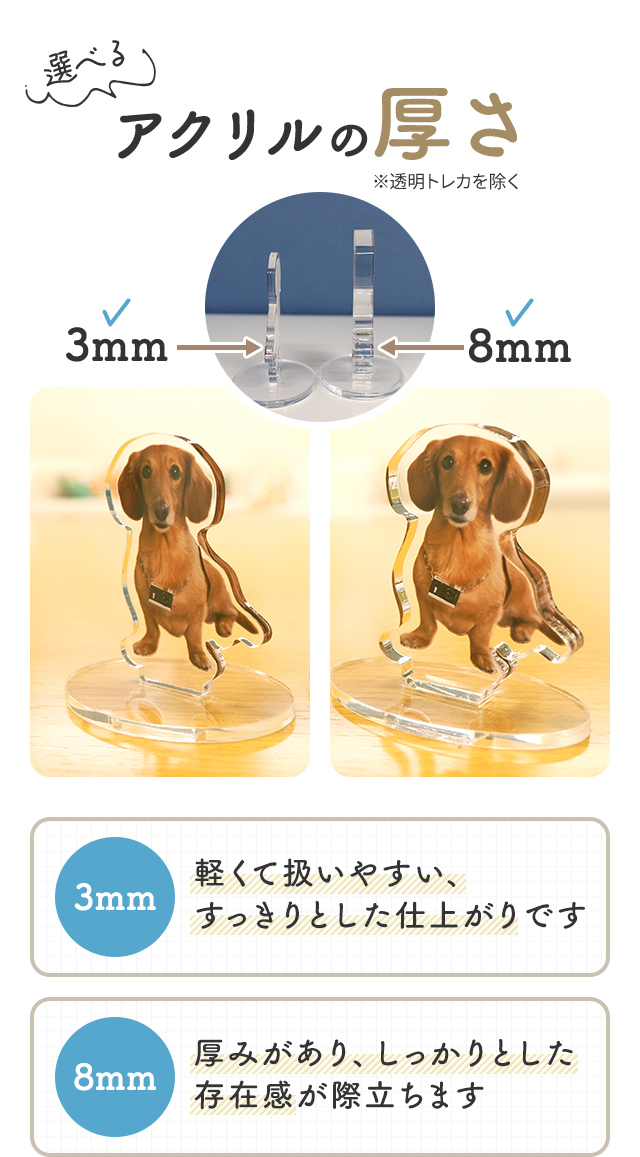 選べるアクリルの厚さ ※透明トレカを除く|3mm:軽くて扱いやすい、 すっきりとした仕上がりです| 8mm:厚みがあり、しっかりとした 存在感が際立ちます