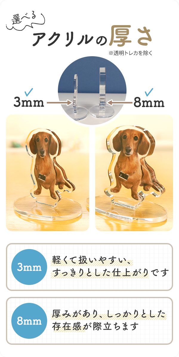 選べるアクリルの厚さ ※透明トレカを除く|3mm:軽くて扱いやすい、 すっきりとした仕上がりです| 8mm:厚みがあり、しっかりとした 存在感が際立ちます