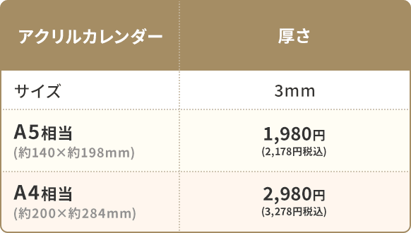 アクリルカレンダー料金表